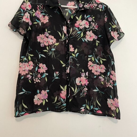 VINTAGE SAG HARBOR Black Pink Floral Short Sleeve Sheer Button Down PETITE Large - Picture 3 of 14